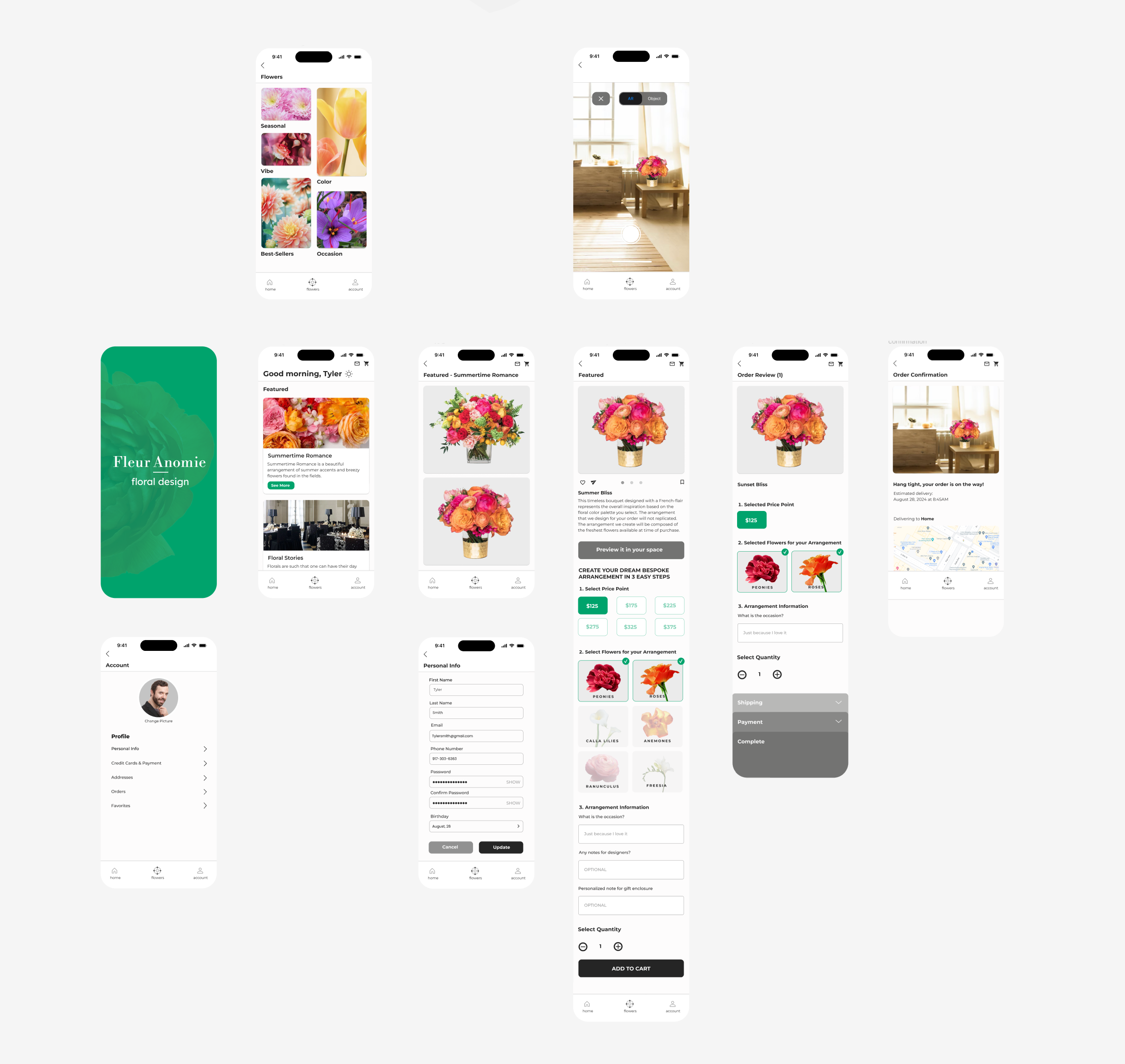 images of all the screens in flower ordering app ui ux