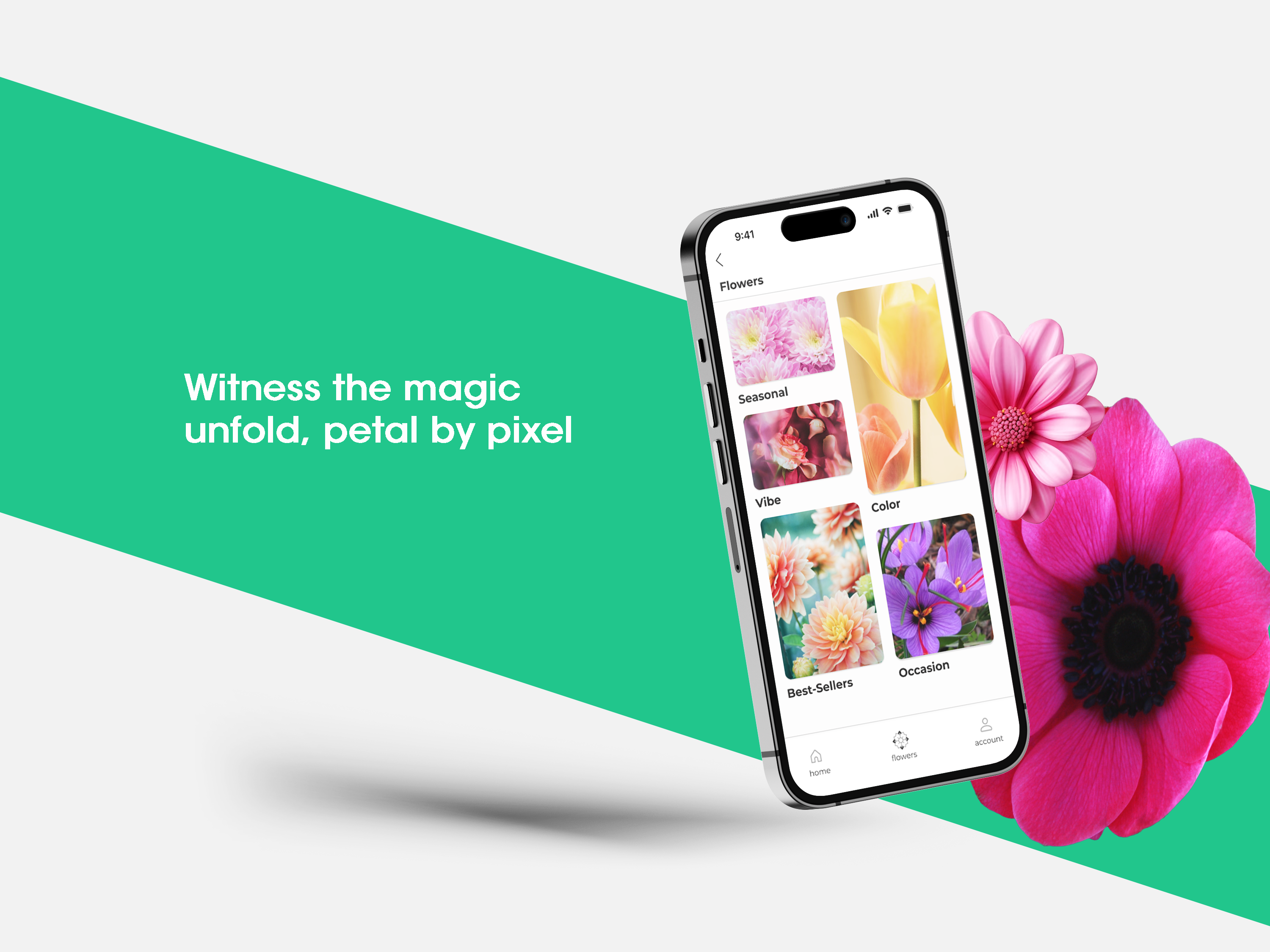 Image of app with beautiful flowers behind screen