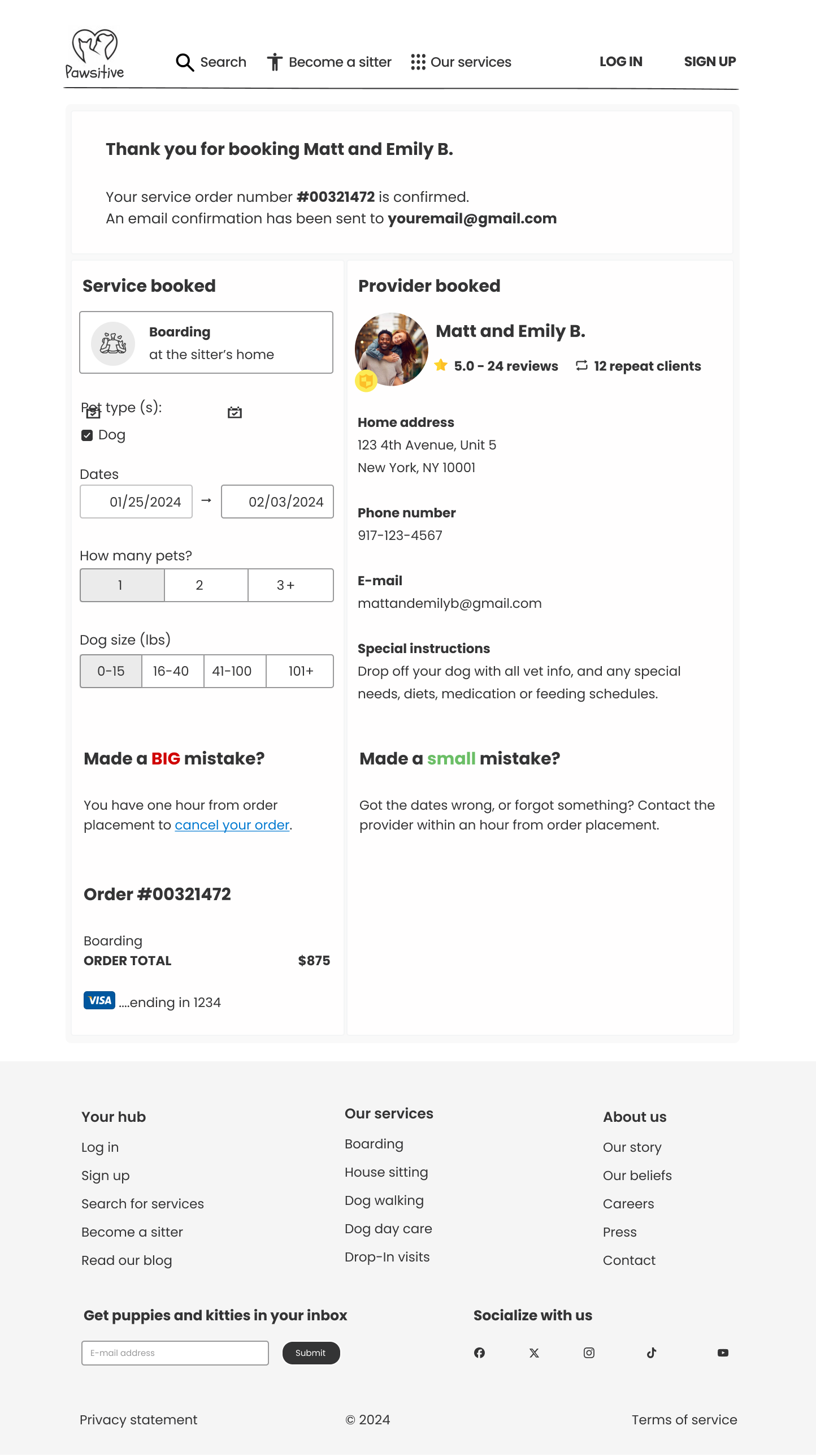 Pet Care Responsive Website Booking Confirmation Page